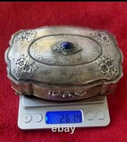 ANTIQUE 800 Sterling SILVER Murano Glass REPOUSSE CONTAINER JEWELRY BOX
