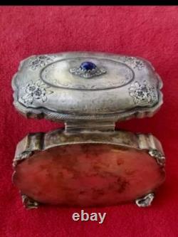 ANTIQUE 800 Sterling SILVER Murano Glass REPOUSSE CONTAINER JEWELRY BOX