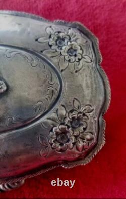 ANTIQUE 800 Sterling SILVER Murano Glass REPOUSSE CONTAINER JEWELRY BOX