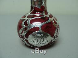 ANTIQUE ART NOUVEAU CRANBERRY GLASS PERFUME BOTTLE with STERLING SILVER OVERLAY