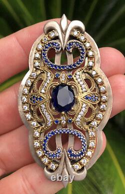 ANTIQUE Art Nouveau Czech Sterling Silver Blue RHINESTONES Brooch Pin