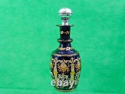 ANTIQUE COBALT BLUE GLASS WINE DECANTER ENAMEL GOLD Sterling Silver Stopper 19C