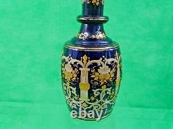 ANTIQUE COBALT BLUE GLASS WINE DECANTER ENAMEL GOLD Sterling Silver Stopper 19C