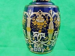 ANTIQUE COBALT BLUE GLASS WINE DECANTER ENAMEL GOLD Sterling Silver Stopper 19C