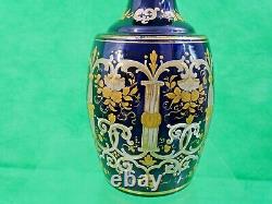 ANTIQUE COBALT BLUE GLASS WINE DECANTER ENAMEL GOLD Sterling Silver Stopper 19C