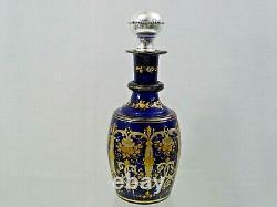 ANTIQUE COBALT BLUE GLASS WINE DECANTER ENAMEL GOLD Sterling Silver Stopper 19C