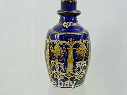 ANTIQUE COBALT BLUE GLASS WINE DECANTER ENAMEL GOLD Sterling Silver Stopper 19C