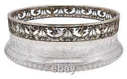 ANTIQUE French Sterling Silver / Etched Crystal Glass Centerpiece Serving Bowl