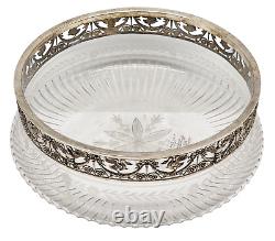 ANTIQUE French Sterling Silver / Etched Crystal Glass Centerpiece Serving Bowl