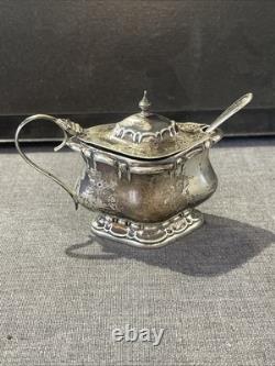 ANTIQUE STERLING SILVER AND COBALT GLASS MUSTARD POT AND SPOON 54grams