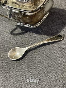ANTIQUE STERLING SILVER AND COBALT GLASS MUSTARD POT AND SPOON 54grams