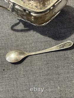 ANTIQUE STERLING SILVER AND COBALT GLASS MUSTARD POT AND SPOON 54grams
