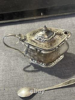 ANTIQUE STERLING SILVER AND COBALT GLASS MUSTARD POT AND SPOON 54grams