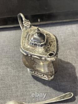 ANTIQUE STERLING SILVER AND COBALT GLASS MUSTARD POT AND SPOON 54grams