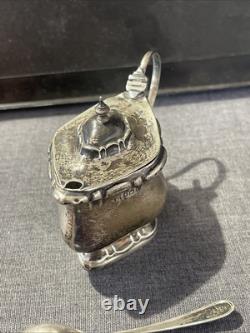 ANTIQUE STERLING SILVER AND COBALT GLASS MUSTARD POT AND SPOON 54grams