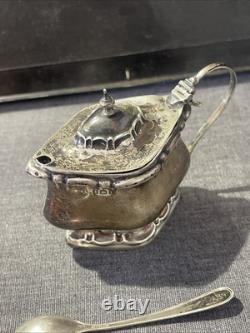 ANTIQUE STERLING SILVER AND COBALT GLASS MUSTARD POT AND SPOON 54grams