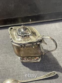 ANTIQUE STERLING SILVER AND COBALT GLASS MUSTARD POT AND SPOON 54grams