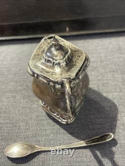 ANTIQUE STERLING SILVER AND COBALT GLASS MUSTARD POT AND SPOON 54grams