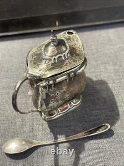 ANTIQUE STERLING SILVER AND COBALT GLASS MUSTARD POT AND SPOON 54grams
