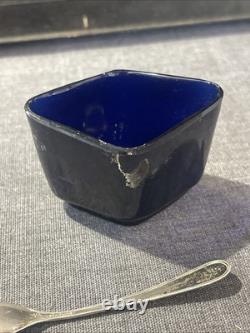 ANTIQUE STERLING SILVER AND COBALT GLASS MUSTARD POT AND SPOON 54grams