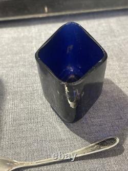 ANTIQUE STERLING SILVER AND COBALT GLASS MUSTARD POT AND SPOON 54grams
