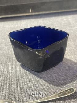 ANTIQUE STERLING SILVER AND COBALT GLASS MUSTARD POT AND SPOON 54grams