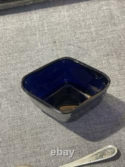 ANTIQUE STERLING SILVER AND COBALT GLASS MUSTARD POT AND SPOON 54grams