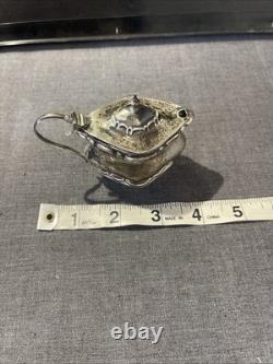 ANTIQUE STERLING SILVER AND COBALT GLASS MUSTARD POT AND SPOON 54grams
