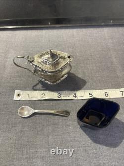 ANTIQUE STERLING SILVER AND COBALT GLASS MUSTARD POT AND SPOON 54grams