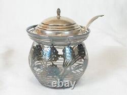 ANTIQUE STERLING SILVER OVERLAY GLASS HONEY/SUGAR JAR With LID & SPOON BY WEIDLICH