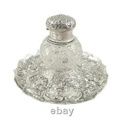 ANTIQUE VICTORIAN STERLING SILVER & CUT GLASS INKWELL on STAND 1889