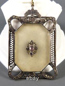 ANTIQUE/VTG Sterling Silver CAMPHOR GLASS PENDANT Marcasite DRAGONFLY FILIGREE