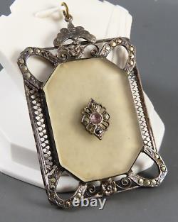 ANTIQUE/VTG Sterling Silver CAMPHOR GLASS PENDANT Marcasite DRAGONFLY FILIGREE