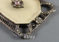 ANTIQUE/VTG Sterling Silver CAMPHOR GLASS PENDANT Marcasite DRAGONFLY FILIGREE