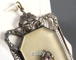 ANTIQUE/VTG Sterling Silver CAMPHOR GLASS PENDANT Marcasite DRAGONFLY FILIGREE