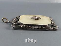 ANTIQUE/VTG Sterling Silver CAMPHOR GLASS PENDANT Marcasite DRAGONFLY FILIGREE