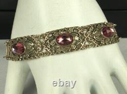 ART DECO Bracelet 1930s STERLING Silver AMETHYST Art Glass Crystals 7 Long FAB