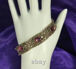 ART DECO Bracelet 1930s STERLING Silver AMETHYST Art Glass Crystals 7 Long FAB