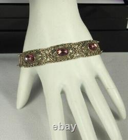 ART DECO Bracelet 1930s STERLING Silver AMETHYST Art Glass Crystals 7 Long FAB