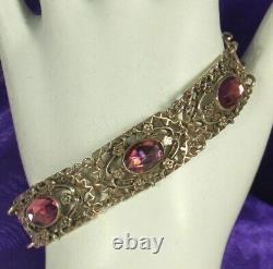 ART DECO Bracelet 1930s STERLING Silver AMETHYST Art Glass Crystals 7 Long FAB