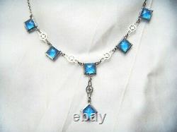 ART DECO STERLING SILVER Sapphire Paste Open Back Bezel Crystal Vintage NECKLACE