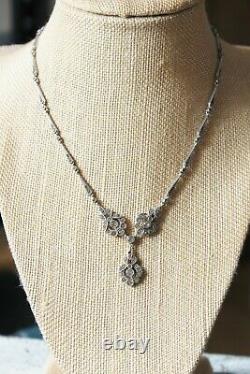 ART DECO Vintage STERLING Silver CRYSTAL Paste Y Necklace