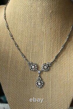 ART DECO Vintage STERLING Silver CRYSTAL Paste Y Necklace