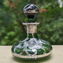 ART NOUVEAU 1900's GREEN ART GLASS 3.25 PERFUME BOTTLE STERLING SILVER OVERLAY