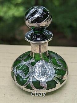 ART NOUVEAU 1900's GREEN ART GLASS 3.25 PERFUME BOTTLE STERLING SILVER OVERLAY