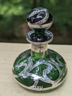 ART NOUVEAU 1900's GREEN ART GLASS 3.25 PERFUME BOTTLE STERLING SILVER OVERLAY