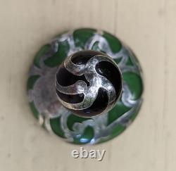 ART NOUVEAU 1900's GREEN ART GLASS 3.25 PERFUME BOTTLE STERLING SILVER OVERLAY