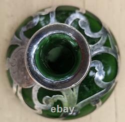 ART NOUVEAU 1900's GREEN ART GLASS 3.25 PERFUME BOTTLE STERLING SILVER OVERLAY
