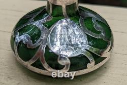 ART NOUVEAU 1900's GREEN ART GLASS 3.25 PERFUME BOTTLE STERLING SILVER OVERLAY