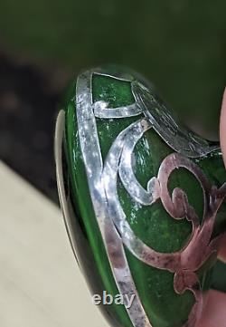 ART NOUVEAU 1900's GREEN ART GLASS 3.25 PERFUME BOTTLE STERLING SILVER OVERLAY